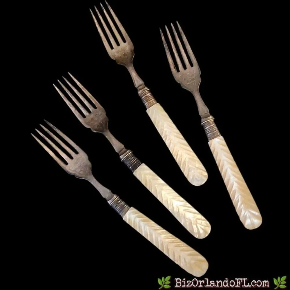Antique Mother of Pearl Fish Set 4 Knives 4 Forks Chevron Carved Silverplate 8pc